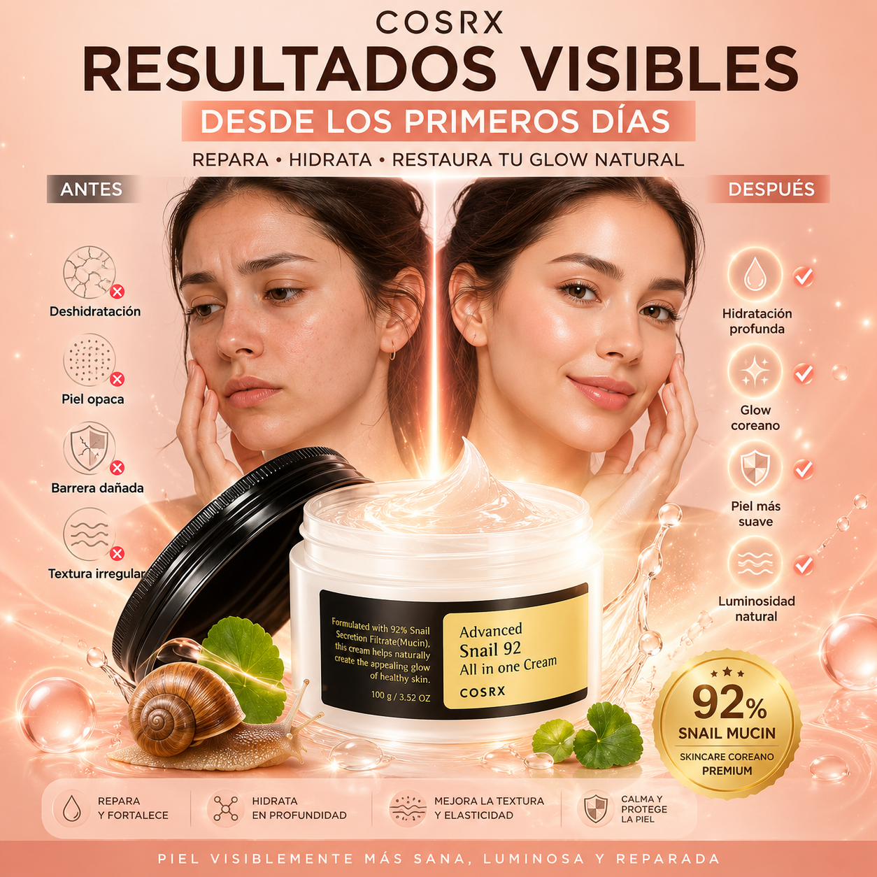 SnailRepair™️ – Crema Gel con Mucina de Caracol que Repara tu Piel, Borra Marcas y Devuelve el Glow Natural